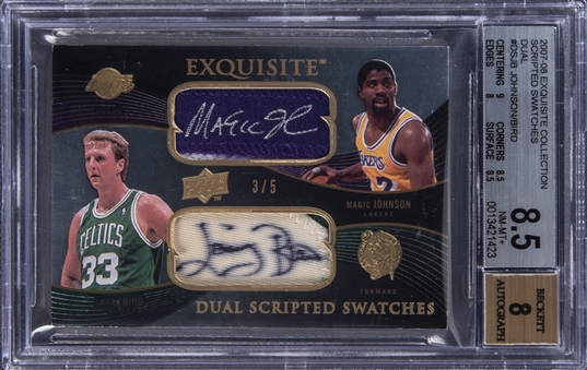 2007-08 Upper Deck Exquisite Collection "Dual Scripted Swatches" #DS-JB Magic Johnson & Larry Bird Dual Signed Jersey Patch Card (#3/5) - BGS NM-MT+ 8.5/ BGS 8
